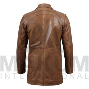 Abrigo Largo de Cuero Genuino Marrón para Hombre con Cierre de Botones, Cuello Camisero, Resistente al Viento, Chaqueta Casual de Otoño - Product Image 5