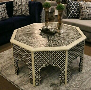 Round coffee <b>table</b> features geometric pattern inlays with <b>brass</b>-finished metal <b>legs</b>, available at wholesale prices. - Product Image 2