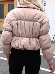 <b>Women's</b> <b>Beige</b> Quilted Puffer <b>Jacket</b> With Stand Collar Full Sleeve Zipper Closure Thick Winter Coat Short Length Solid Color - Product Image 3