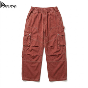 Pantalon cargo vintage en terre cuite pour homme, coupe ample, taille élastique, streetwear, jambe large, multi-poches, haute qualité OEM - Product Image 1
