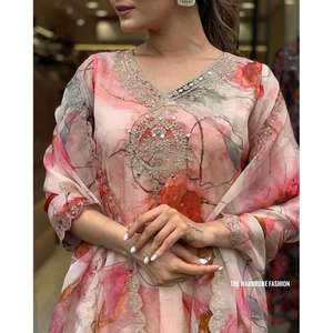 ATRACTIVE ORGANZA BORDADO IMPRESO SECUENCIA TRABAJO FONDO SUPERIOR CON DUPATTA MELOCOTÓN - Product Image 4