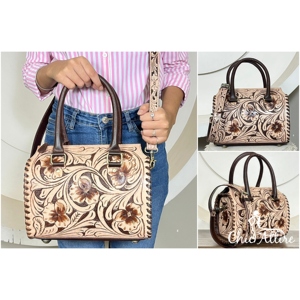 Premium Article Genuine <b>Leather</b> Speedy Duffle Bag with Hand <b>Tooled</b> Floral Pattern Cowhide <b>Leather</b> Purse for Travel & Daily Use - Product Image 1
