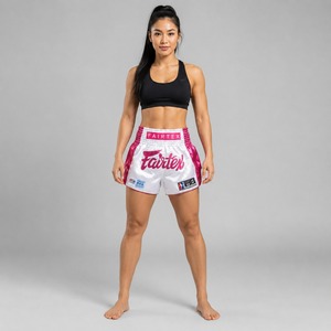 Shorts de Muay Thai Fairtex Rose en Tissu Satin Premium avec Logo Brodé pour Femmes, Ceinture Élastique à 6 Bandes Extensible pour Kickboxing - Product Image 3