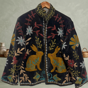 Handmade Sujani Embroidered <b>Velvet</b> Cotton Lining Mandarin Collar Full Sleeve <b>Jacket</b> <b>Women</b> Boho Vintage Floral Autumn Winter - Product Image 3