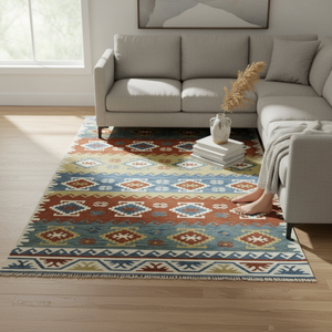 Tapis Dhurrie en laine naturelle tissé à la main, à poils ras, pour couloir - Product Image 1