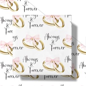 Rouleau de papier cadeau élégant pour mariage, mini format, nœuds roses avec anneaux dorés, texte « Always Forever » pour étiquettes et cartes de bijoux - Product Image 3