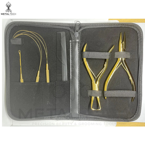 Kit de herramientas de lujo para instalación y extracción de extensiones de cabello, acero inoxidable dorado, estuche de transporte con cremallera premium para salón profesional - Product Image 1