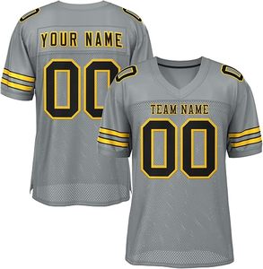 Maillot de football personnalisé gris et jaune pour homme, col en V, manches courtes, maille respirante, impression par sublimation, nom et numéro d'équipe personnalisés - Product Image 1