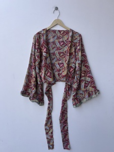 Haut en soie à manches cloche pour femme, court, à nouer, style hippie bohème - Product Image 2