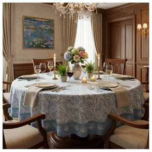 Classic Blue Floral Print Cotton <b>Tablecloth</b> <b>Round</b> <b>Tablecloth</b> 275 Cms Hand Block Printed Floral Design Well Absorbing 20 Sheet - Product Image 1