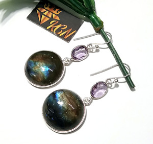 Labradorite Amethyst Drop <b>Earrings</b> Natural Gemstone Solid 925 Sterling <b>Silver</b> Handmade Dangle Bohemian Style Certified Wholesale - Product Image 1