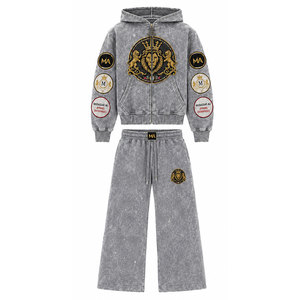 Conjunto Deportivo con Capucha para Hombre, Diseño Patchwork, 100% Algodón, 450 Gsm, Lavado Ácido, Sudadera Casual con Bolsillos y Cordón Ajustable - Product Image 2