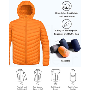 Veste matelassée à capuche orange pour homme, fermeture éclair, coupe-vent, manteau d'hiver décontracté, rembourrage en duvet, longueur normale - Product Image 3