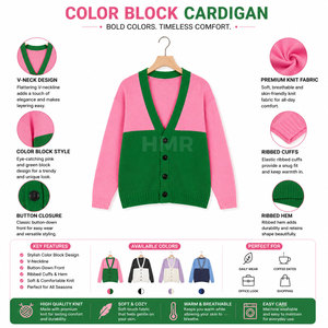 HMR Sisterhood Sorority <b>Acrylic</b> Pink Green Color <b>Block</b> Knitted Cardigan V Neck Long Sleeve Casual Top - Product Image 6