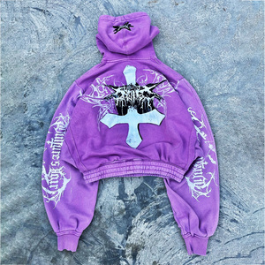 Sudadera con Capucha Corta Estampada Gótica Morada, Oversize, Unisex, de Algodón French Terry, Estilo Urbano, con Bolsillo y Diseño con Capucha - Product Image 2