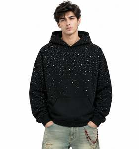 Sew Chic International Sudadera con capucha unisex de corte holgado, negra, con pedrería y estampado tie-dye metalizado, estilo streetwear, con bolsillo canguro - Product Image 3