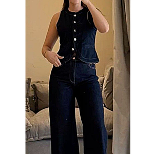 Ensemble gilet en jean délavé foncé et jean à jambes larges (co-ord deux pièces) - Product Image 2