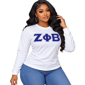 เสื้อยืด Zeta Phi Beta สำหรับผู้หญิง สีขาว แต่งขอบสีน้ำเงินรอยัล ตัวอักษรกรีก ปักลาย ZOB คอกลม แขนสั้น เสื้อยืดชมรมนักศึกษา - Product Image 1