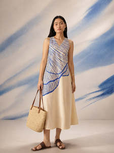 Robe midi bleue à col mandarin avec manches longues, coupe ample, décontractée, pour tous les jours, en tissu tissé 100% coton, respirante, couleur unie, Poc - Product Image 3