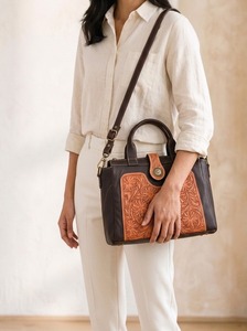 Hand Tooled Leather Tote <b>Bag</b> Floral Carving <b>Shoulder</b> Handbag Dual Handle Single <b>Strap</b> for Daily Use - Product Image 5