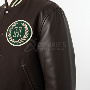 Veste universitaire pour homme, crème, manches en cuir marron, logo H brodé, style preppy, col rabattu, automne, grandes tailles, vestes pour homme - Product Image 4