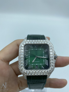 Montre à quartz Miyota avec incrustation de diamants, cadran carré, bracelet vert de 20 mm, chiffres romains, montre analogique, style luxueux - Product Image 5