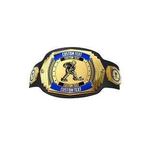 Ceinture de champion de hockey en cuir noir avec plaque dorée et accents bleus pour récompenses personnalisées - Product Image 1
