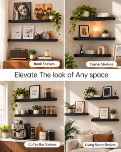 Ensemble de 2 étagères murales flottantes noires avec supports en fer cachés, étagère de rangement en bois moderne détachable - Product Image 3