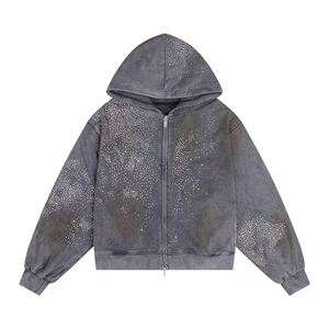 Sweat à capuche épais en polaire pour homme, délavé à l'acide avec strass, coupe oversize, idéal pour l'hiver, haute qualité - Product Image 1