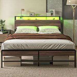 <b>Queen</b> <b>Size</b> Walnut Platform <b>Bed</b> Frame with LED Lights Charging Station Noise Free Headboard with Storage - Product Image 2