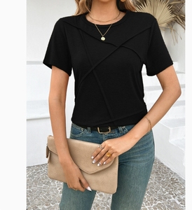 T-shirt court noir pour femme, manches courtes, col rond, coupe ajustée, couleur unie, en coton tricoté, décontracté, respirant, printemps-été - Product Image 1