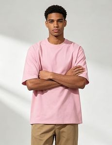 Camiseta de Manga Corta Rosa para Hombre, Corte Holgado, Informal, de Algodón, Cuello Redondo, Color Sólido, Diseño Liso, Deportiva, de Secado Rápido - Product Image 3