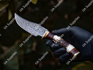 มีดเหล็กดามัสกัสตีขึ้นรูปด้วยมือ ใบมีดคงที่ สำหรับตั้งแคมป์ ล่าสัตว์ ด้ามเขาสัตว์  ขายส่ง รับผลิตแบบ OEM/ODM  รองรับการปรับแต่งตามความต้องการ  ขั้นต่ำในการสั่งซื้อน้อย - Product Image 6