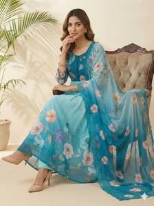 Royal <b>Sequin</b> Embroidered Georgette Gown Set Elegant Handwork Gown with Dupatta & <b>Pants</b> Graceful Party Wear Georgette Suit Set - Product Image 2