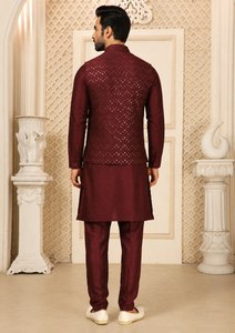 Mens Roman Silk Kurta <b>Pant</b> Ensemble With <b>Sequin</b> Embroidered Waistcoat Jacket For Wedding Festive And Traditional Occasions - Product Image 6