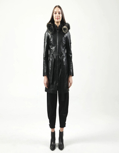 Women's Black Genuine <b>Leather</b> Moto <b>Jacket</b> With Fur Trim Hood Zipper Closure <b>Long</b> Sleeve Winter Style - Product Image 3