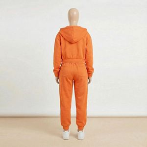 Ensemble de survêtement décontracté pour femme, en molleton de coton, avec sweat à capuche court zippé et pantalon de jogging, couleur orange, style streetwear, deux pièces - Product Image 3