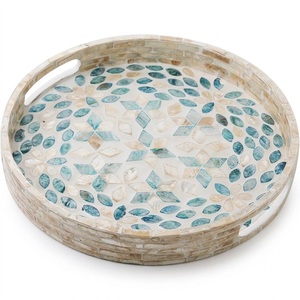 Plateau de service rond de luxe fait main en nacre incrustée, ensemble de plateaux décoratifs en mosaïque avec poignées pour table basse - Product Image 3