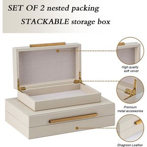 Ensemble de 2 boîtes de rangement décoratives en similicuir beige shagreen avec poignées en métal doré - Product Image 3