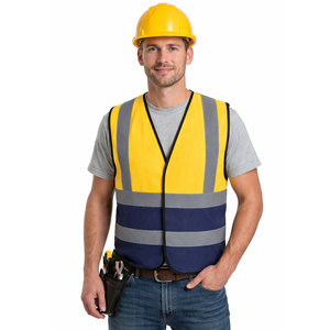 Gilet de sécurité réfléchissant haute visibilité personnalisé pour homme, jaune et bleu rayé, respirant, vêtement de travail avec poches, style décontracté - Product Image 1