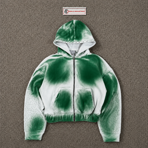 Sweat-shirt à capuche zippé dégradé vert et blanc, coupe oversize, streetwear unisexe, veste à capuche premium ombrée, fermeture éclair intégrale, effet vintage délavé - Product Image 5