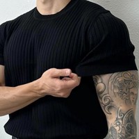 T-shirt décontracté à manches courtes pour homme, col ras du cou, tricoté, coupe ajustée, rayures sur le devant, en mélange acrylique et coton, grande taille, fabrication OEM