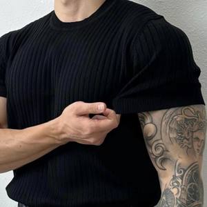 Camiseta de Manga Corta para Hombre, Ajustada, de Verano, de Mezcla de Algodón y Acrílico, Estilo Casual, Talla Grande, Transpirable, con Tejido Acanalado, de Fábrica OEM - Product Image 5
