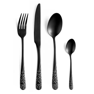Juego de Cubiertos Modernos de Acero Inoxidable Negro Mate de 4 Piezas con Mangos con Patrón Geométrico para Hogar, Hotel, Restaurante, Cena - Product Image 1