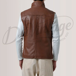 Chaleco de Cuero Genuino Marrón para Hombre, Corte Ajustado, Cuello Alto, Cierre de Cremallera, Sin Mangas, Estilo Casual y Moderno - Product Image 6