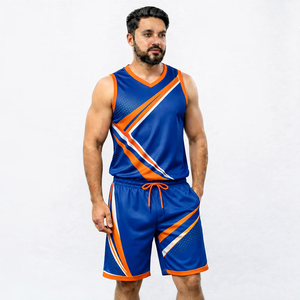 Conjunto de Camiseta sin Mangas y Pantalones Cortos para Hombre, Estampado Geométrico Azul y Naranja, Cuello en V, Secado Rápido, Tejido de Poliéster, Estilo Deportivo, para Verano - Product Image 1