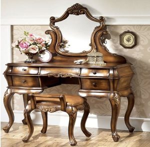 Classic mahogany carved wooden vanity <b>table</b> with matching stool, available at wholesale prices. - Product Image 5