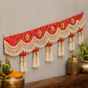 Handmade <b>Red</b> Bandhani Mirror Work Pearl Tassel Bandhanwar Toran Door Hanging Diwali Wedding Home Decor Entrance Decoration - Product Image 3