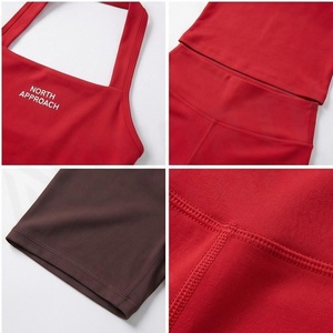 North Approach Red 2 Piece Yoga <b>Set</b> <b>Square</b> Neck Halter Crop Top High Waist Shorts Active Stretch Solid Color Women's Sportswear - Product Image 4