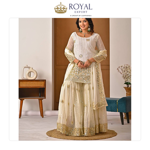 Suministro Directo de Fábrica: Traje Sharara de Seda Georgette Pesada con Dupatta de Georgette y Bordados, Estilo Indio - Product Image 3